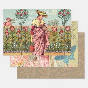 Feuille De Papier Cadeau Jardin Fleurir Femme Art Antique