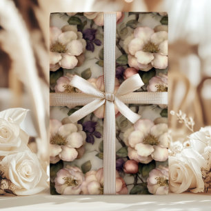 Feuille De Papier Cadeau Jardin Floral Rose et Crème Vintage Romantique