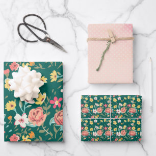 Feuille De Papier Cadeau Jardin Vert Rose Défraîchi
