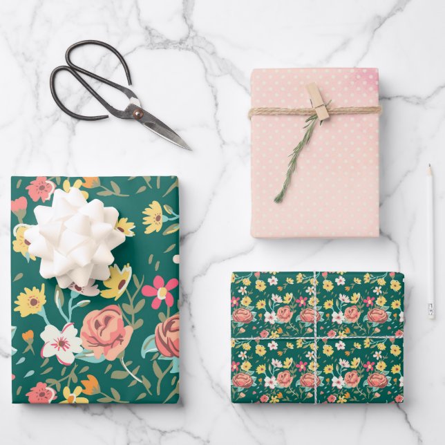 Feuille De Papier Cadeau Jardin Vert Rose Défraîchi (Recto)
