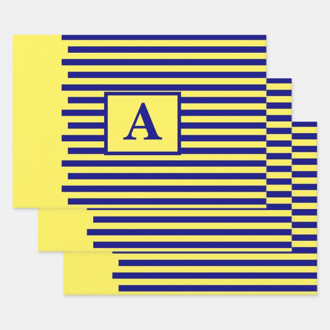 Feuille De Papier Cadeau Jaune Marine Bleu Monogramme Nautique Noël (Lot)