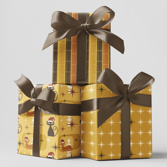 Feuille De Papier Cadeau Jaune Retro Mid Century Moderne Chat Noël (Créateur téléchargé)