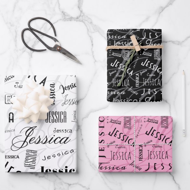 Feuille De Papier Cadeau Jessica Custom Name Pink Black White (Recto)