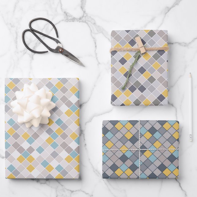 Feuille De Papier Cadeau Jeu bleu or gris pour hommes de 3 enveloppes (Recto)