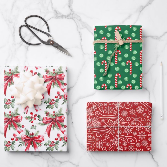 Feuille De Papier Cadeau Jeu de 3 Fêtes de Noël (Recto)