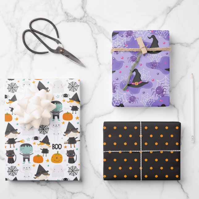 Feuille De Papier Cadeau Jeu de 3 Halloween lunaires (Recto)