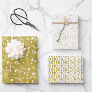 Feuille De Papier Cadeau Jeu de 3 Noel moderne blanc et d'or Foil