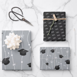 Feuille De Papier Cadeau Jeu de capuchon de graduation gris et noir argenté