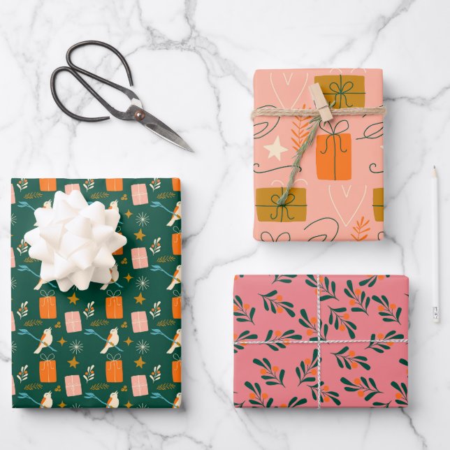 Feuille De Papier Cadeau Jeu de Noël rose vert 3 (Recto)