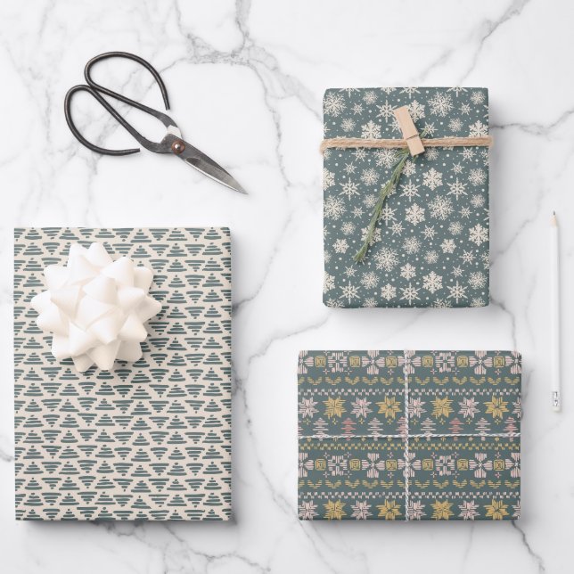 Feuille De Papier Cadeau Jeu de Noël vert Scandi (Recto)