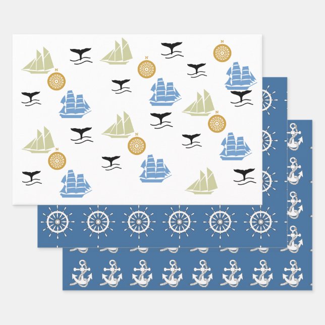 Feuille De Papier Cadeau Jeu d'enveloppes - Thème nautique (Lot)