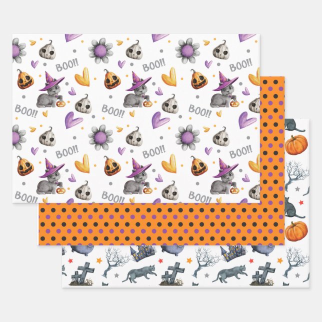 Feuille De Papier Cadeau Jeu d'Halloween lunaire de 3 (Lot)
