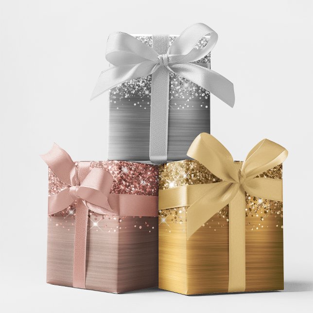 Feuille De Papier Cadeau Jeu d'huile Faux de Glam Glittery (Girly Glittery Glam Faux Foil Set Wrapping Paper Sheets)