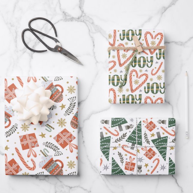 Feuille De Papier Cadeau Joie de Noël, cacao, arbres et cadeaux (Recto)