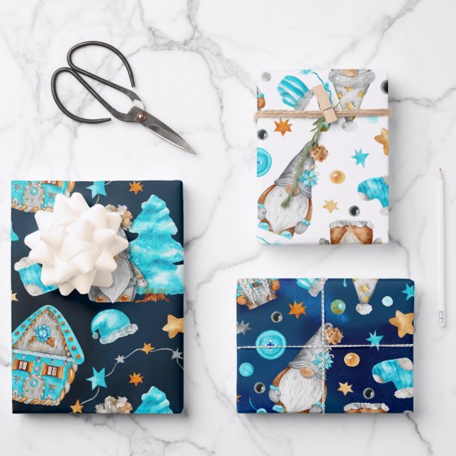 Feuille De Papier Cadeau Joli bleu Noël Gnome (Recto)