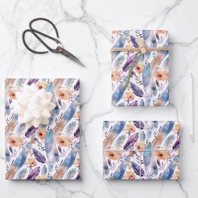 Feuille De Papier Cadeau joli Boho plumes fleurs carrelé partie (Recto)