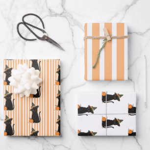 Feuille De Papier Cadeau Joli chat noir d'Halloween avec chapeau de sorcièr