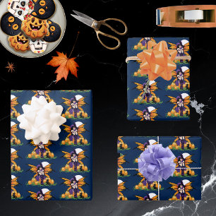 Feuille De Papier Cadeau Joli citrouille de fée d'Halloween avec chat noir