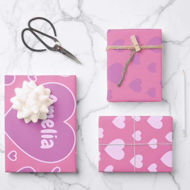 Feuille De Papier Cadeau Joli Coeur rose jeu de 3 (Recto)