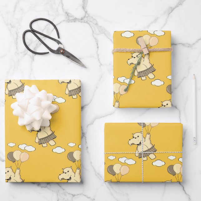 Feuille De Papier Cadeau Joli Dessin Hippo Volant Avec Ballons (Recto)