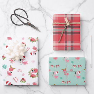 Feuille De Papier Cadeau Joli Flamant rose de Noël Snowflake