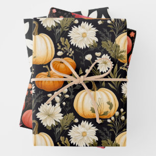 Feuille De Papier Cadeau Joli Motif Citrouille Floral