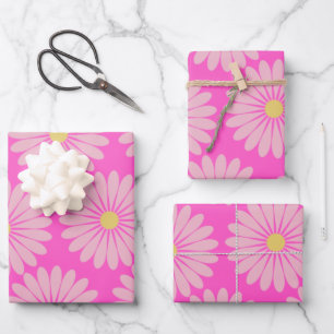 Feuille De Papier Cadeau Joli Motif de fleurs scandinave rétro en rose