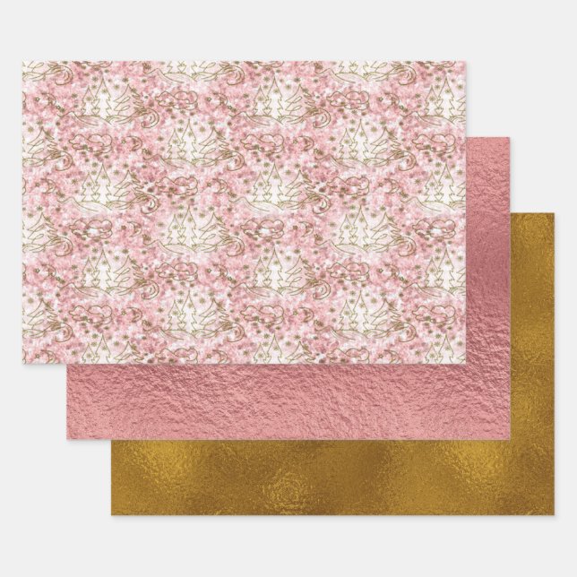 Feuille De Papier Cadeau Joli Motif de Noël rose/or (Lot)