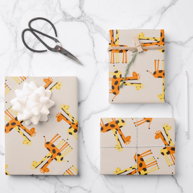 Feuille De Papier Cadeau Joli motif girafe orange et jaune (Recto)