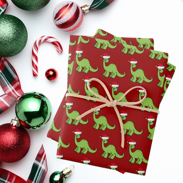 Feuille De Papier Cadeau Joli Noël Dinosaur Père Noël Red Kids Holiday (Créateur téléchargé)