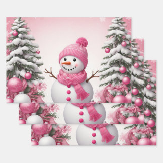 Feuille De Papier Cadeau Joli Noël Rose Snowman & Trees
