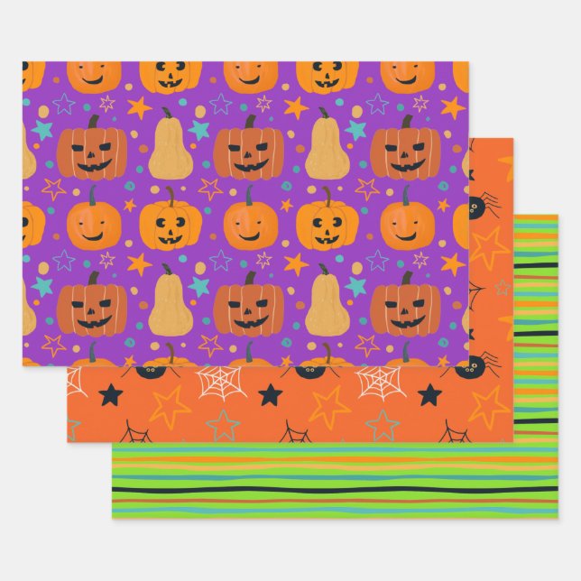 Feuille De Papier Cadeau Joli Orange violet vert jeu Halloween Motif (Lot)