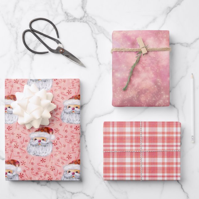 Feuille De Papier Cadeau Joli Père Noël rose (Recto)