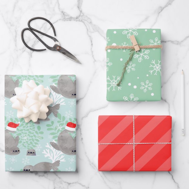 Feuille De Papier Cadeau Joli phoque de Noël (Recto)