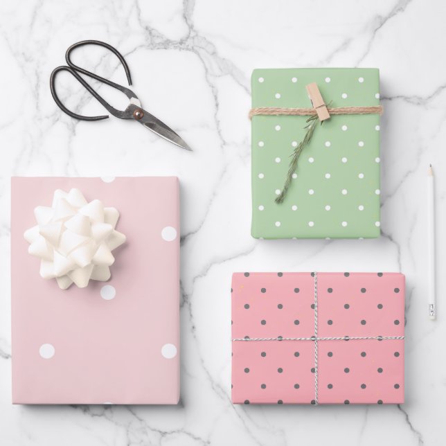 Feuille De Papier Cadeau Joli pois Anniversaire rose et vert (Recto)