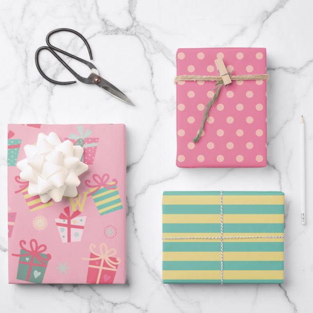 Feuille De Papier Cadeau Joli Retro rose présente Noël de Noël (Recto)