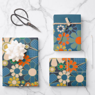 Feuille De Papier Cadeau Joli Retro Vintage Moderne Motifs Floraux Bleu