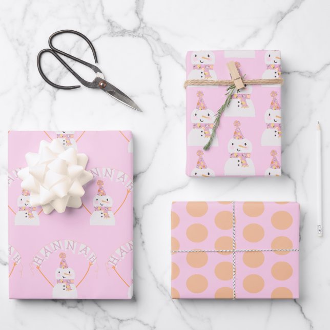 Feuille De Papier Cadeau Joli rose Noël Snowman Enfants Personnalisé (Recto)