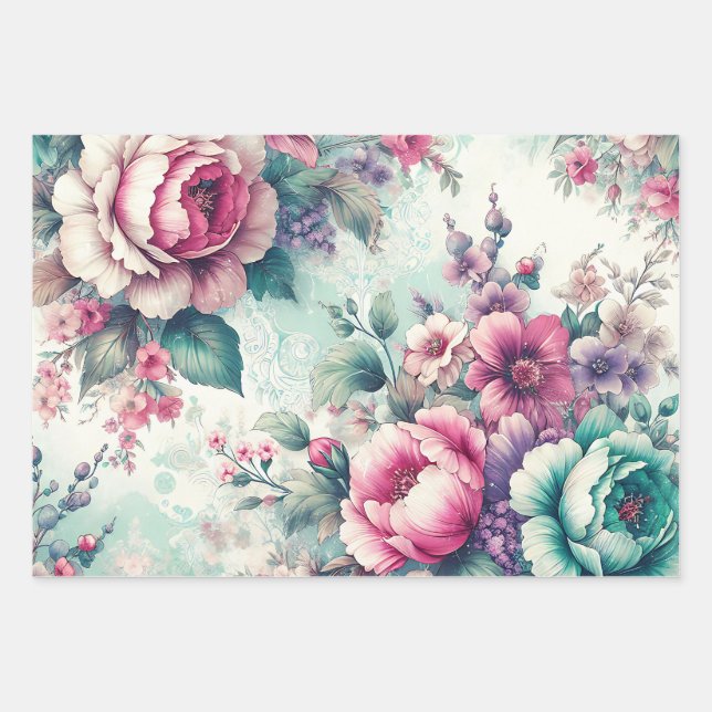 Feuille De Papier Cadeau Joli Shabby Chic Floral Anniversaire (Devant)