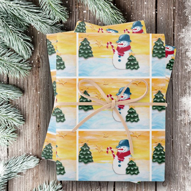 Feuille De Papier Cadeau Joli Snowman Noël Arbre Motif d'hiver Enfants (Créateur téléchargé)