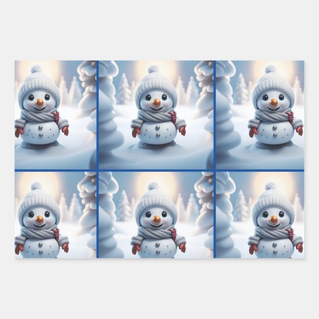 Feuille De Papier Cadeau Joli Snowman Set DE 3 Designs (Devant)