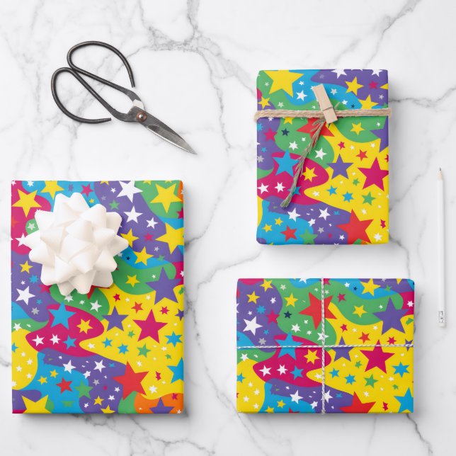 Feuille De Papier Cadeau Joli stars arc-en-ciel enfants motif carrelé (Recto)