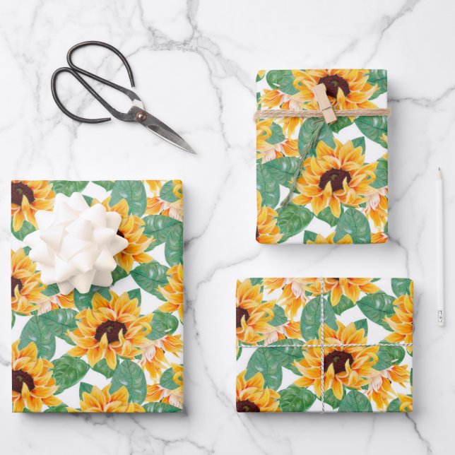 Feuille De Papier Cadeau Joli tournesol Jaune & Motif vert (Recto)