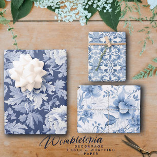 Feuille De Papier Cadeau Joli Vintage Floral en bleu et blanc