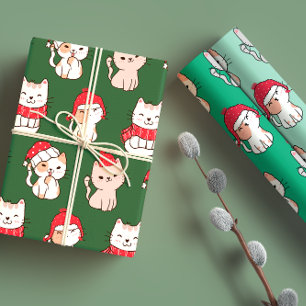 Feuille De Papier Cadeau Joli Whimsical Green & Red Cartoon Chat Noël