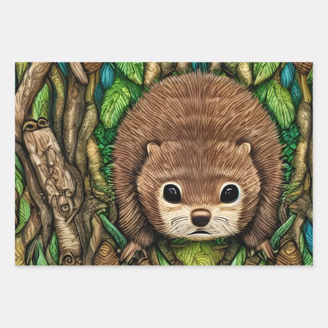 Feuille De Papier Cadeau Jolie adorable petit bébé castor (Devant)