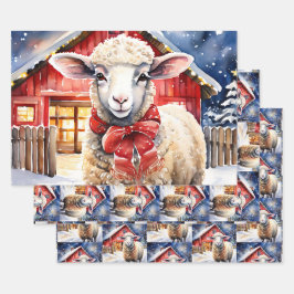 Feuille De Papier Cadeau Jolie aquarelle Moutons de Noël et Grange rustique