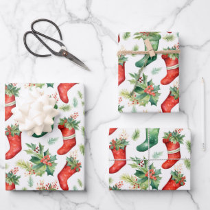 Feuille De Papier Cadeau Jolie aquarelle rouge et vertes bas