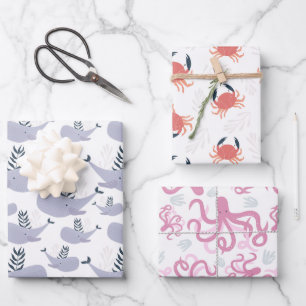 Feuille De Papier Cadeau Jolie baleine crabe pieuvre nautique
