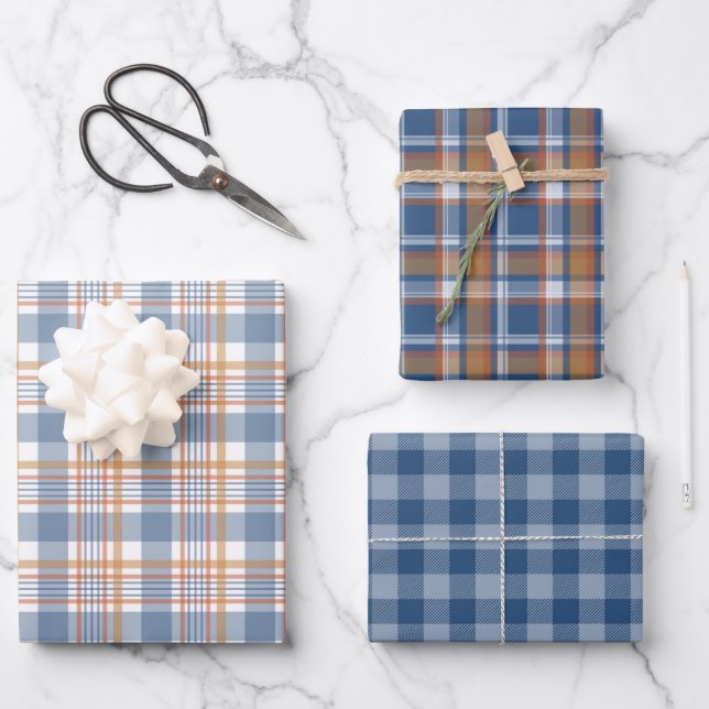 FEUILLE DE PAPIER CADEAU JOLIE BLEU & BROWN TOMBE MOTIF PLAID (Recto)